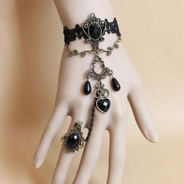 Good Quality Retro Black Lace Bracelet Ring Gothic Lace Finger .