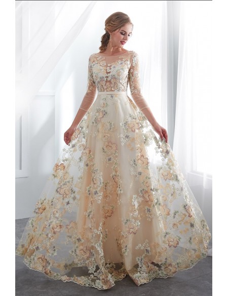 Beautiful Champagne Floral Lace Prom Dress In Colored #E007 .