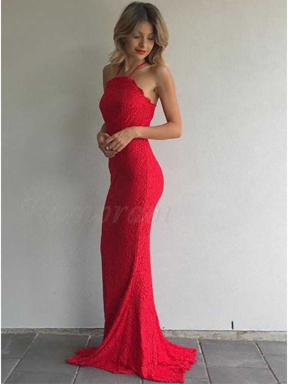 Mermaid Spaghetti Straps Sweep Train Red Lace Prom Dress - $129.99 .