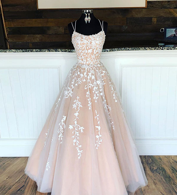 Formal Dress | Champagne tulle lace long prom dress, evening dress .