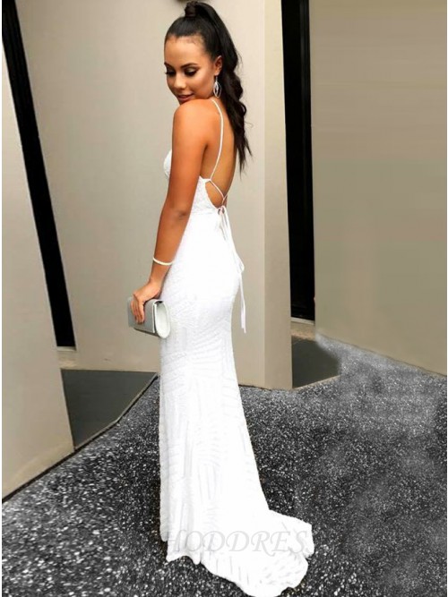 Mermaid V-Neck Backless Sweep Train White Lace Prom Dress $138.99 .