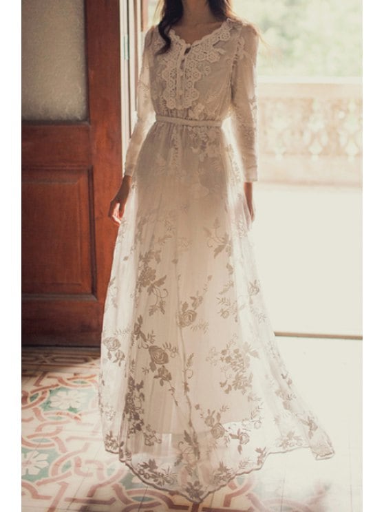 32% OFF] 2020 Floral Embroidered Long Sleeves Maxi Dress In WHITE .