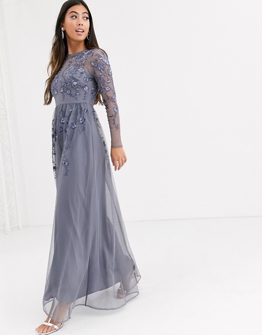ASOS DESIGN Petite long sleeve maxi dress in embroidered mesh | AS