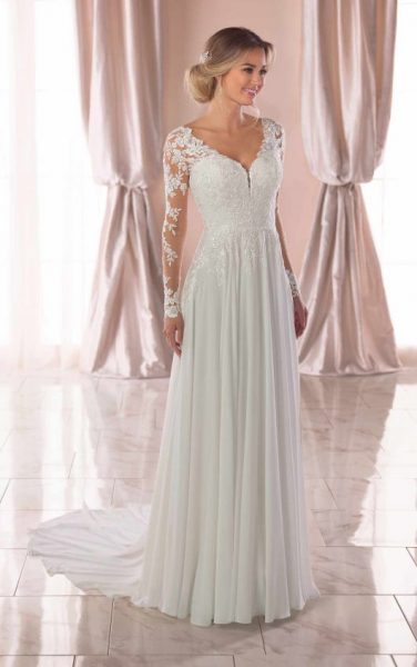 Illusion Long Sleeve V-neckline Sheath Wedding Dress With Beading .