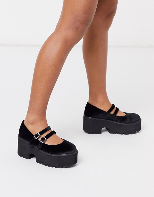 ASOS DESIGN Milo chunky mary jane flat shoes in black velvet | AS
