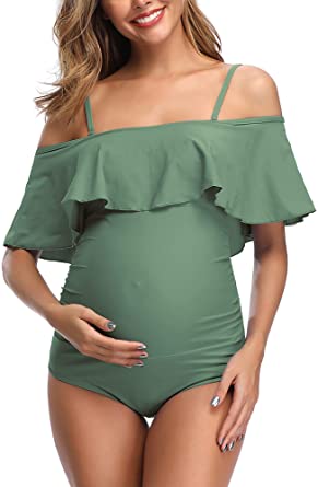 Women Off-Shoulder Maternity Swimsuits Flounce Floral One Piece .
