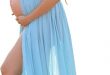 Blue Maternity Off Shoulder Tube Chiffon Gown Split Front .