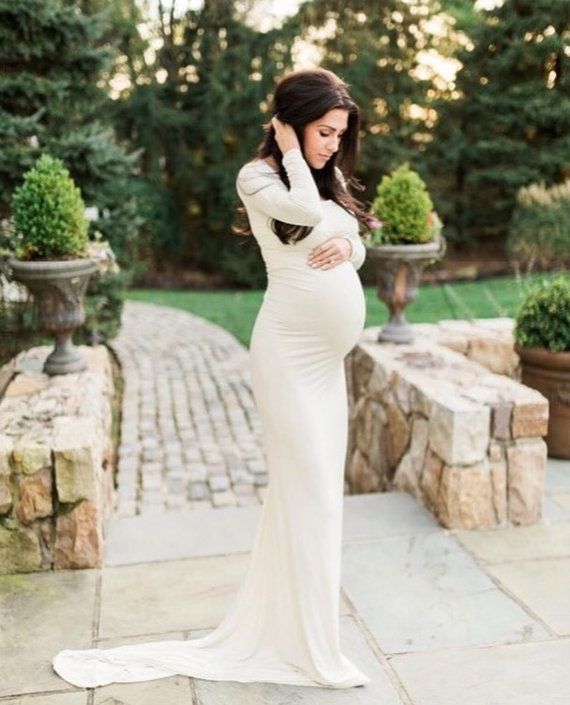 Cream Jersey Long Sleeves Slim fit Maternity Gown, Maternity Dress .