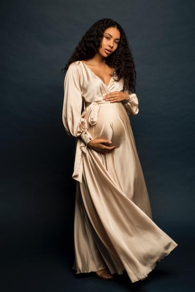 Luxury Maternity Wrap Gowns, gold gender reveal dress, pregnant .