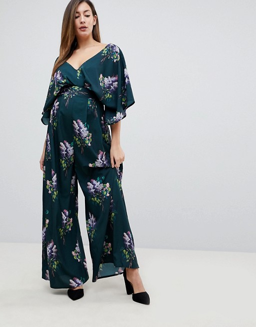 ASOS Maternity Jumpsuit with Kimono Sleeve and Wide Leg in Print .