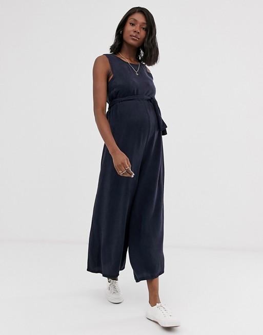 ASOS DESIGN Maternity soft denim belted wide leg jumpsuit | AS