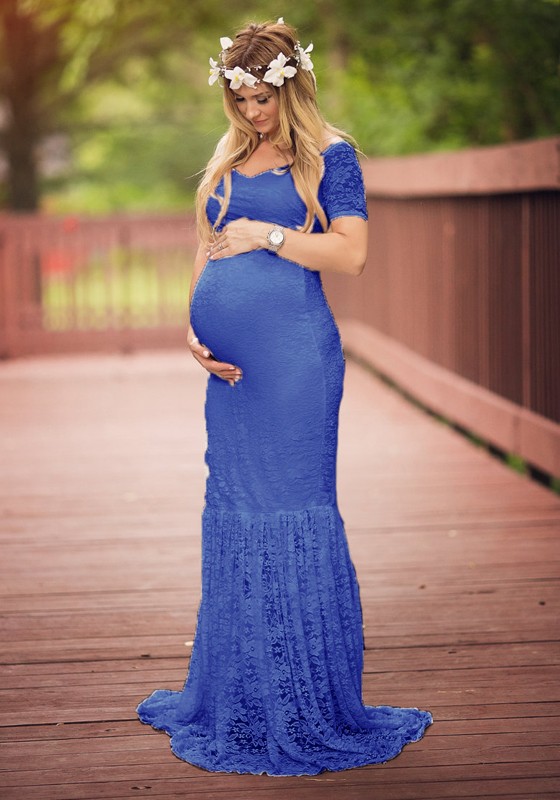 Blue Lace Ruffle Off Shoulder Boat Neck Elegant Mermaid Maternity .