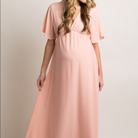 Pinkblush Dresses | Tall Pink Chiffon Bell Sleeve Maternity Maxi .