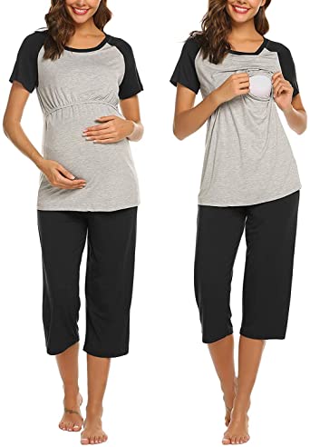Ekouaer Double Layers Labor/Delivery/Nursing Maternity Pajamas .