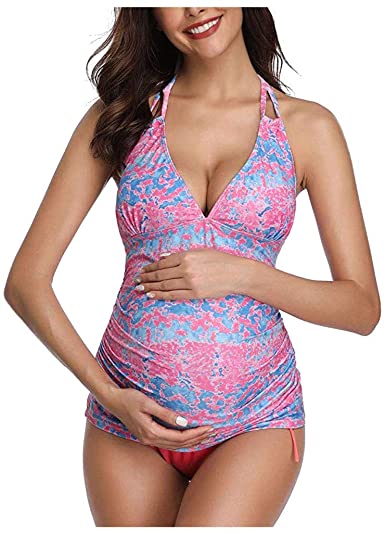 SADUORHAPPY Women Halter Maternity Tankini Swimsuit Floral .