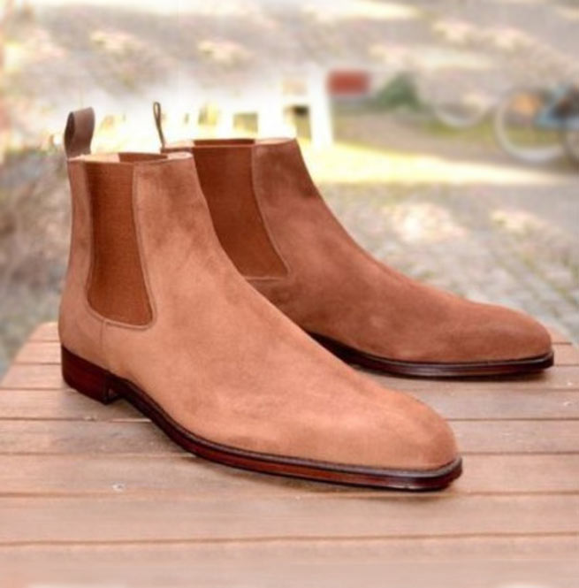 Chelsea Boots Mens, Handmade Men Beige Boots, Suede Leather Boot .