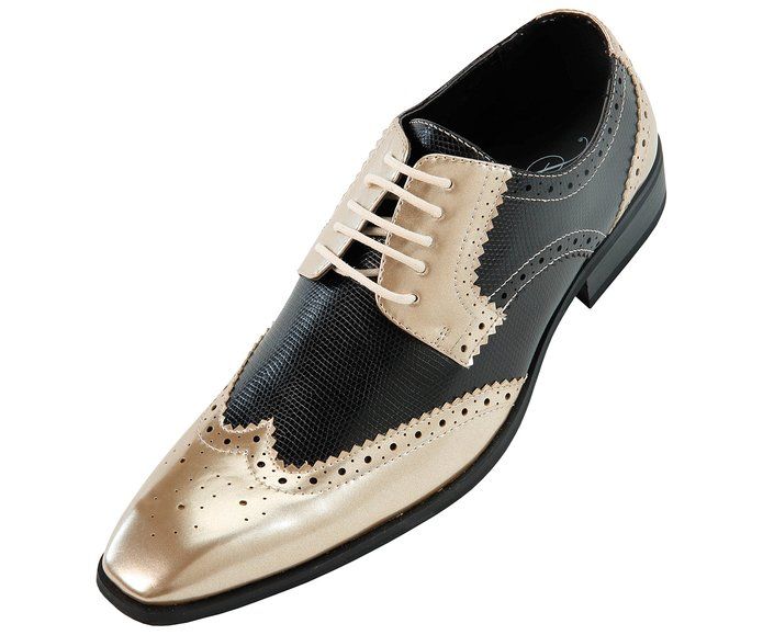 Amali Mens Two-Toned Black and Metallic Gold Dress Shoe with Wing .