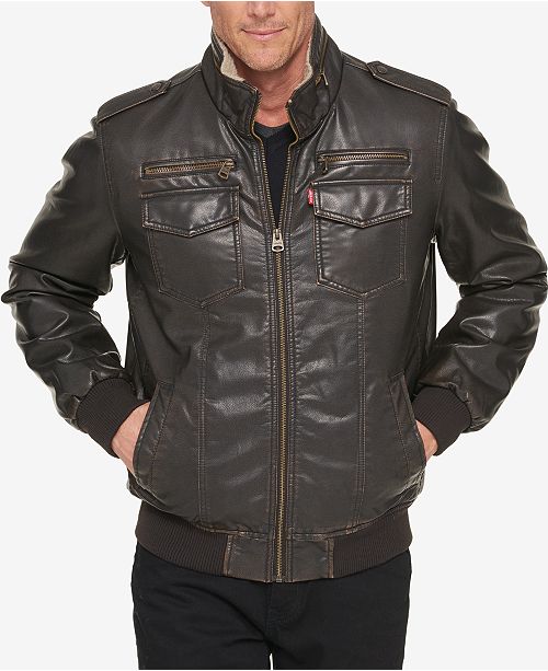 Levi's Men's Faux-Leather Aviator Bomber Jacket with Fleece Lining .