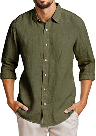 Mens Linen Shirt Casual Button Down Long Sleeve Loose Fit Beach .