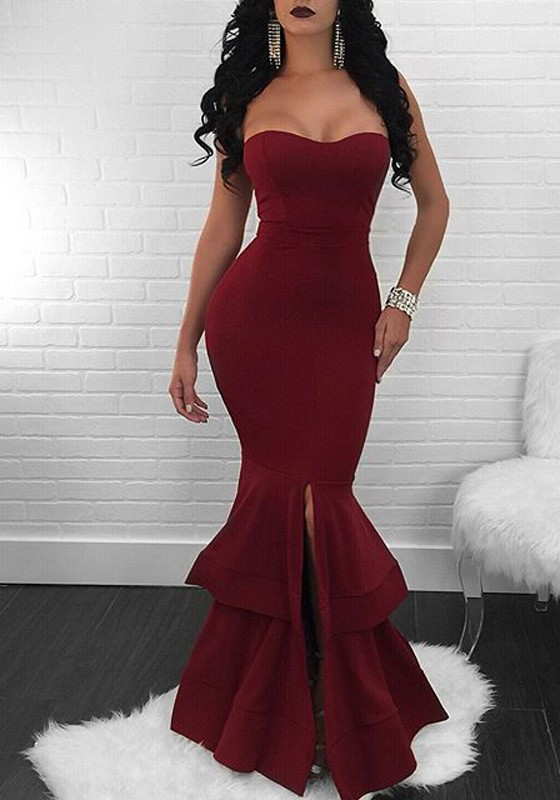 Burgundy Off Shoulder Slit Cascading Ruffle Backless Mermaid Prom .