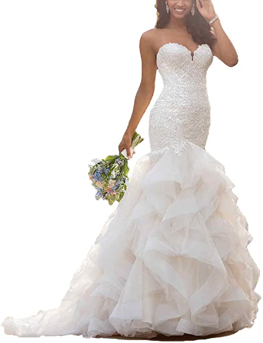 Amazon.com: Long Mermaid Wedding Dress with Ruffle Skirt Elegant .