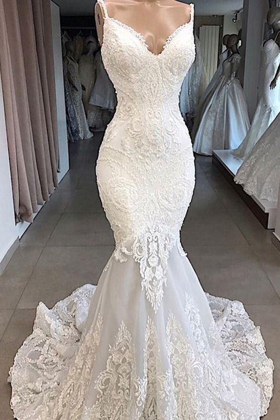 Elegant Tulle Spaghetti Straps Neckline Mermaid Wedding Dresses .