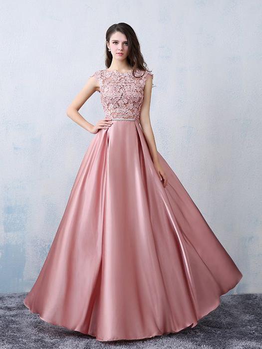 Chic A-line Scoop Pink Satin Applique Modest Prom Dress Evening .