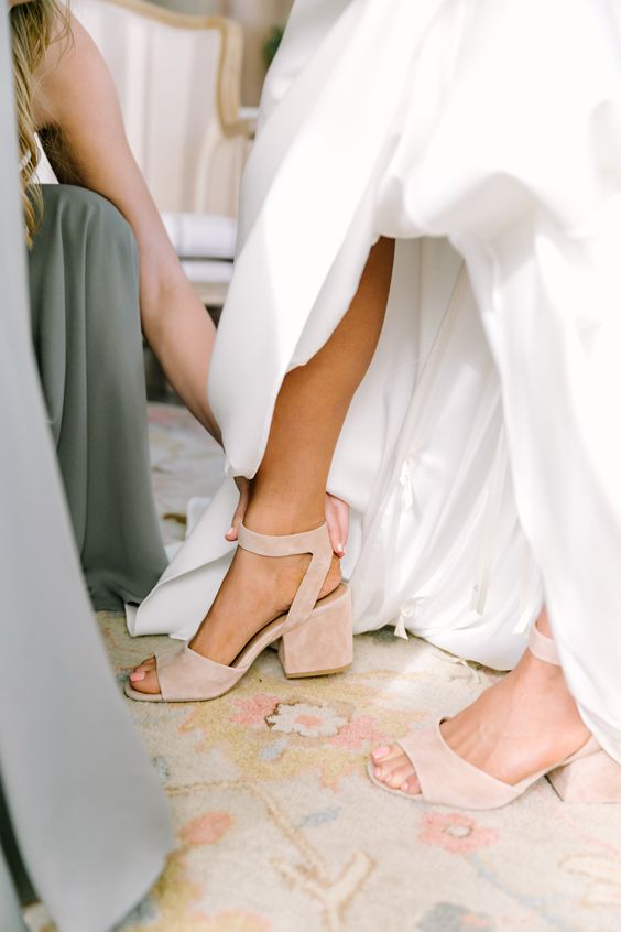 Picture Of nude wedding shoes with large block heels and ankle .