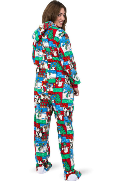 Winter Fun Christmas Adult Footed Pajamas with Hood for Men .