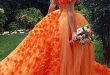 Chic A-line Off-the-Shoulder Orange Prom Dresses Tulle Long Prom .