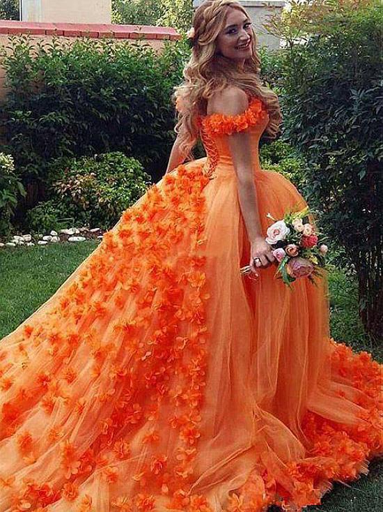 Chic A-line Off-the-Shoulder Orange Prom Dresses Tulle Long Prom .