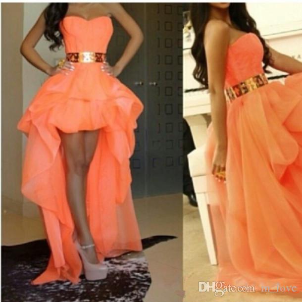 Short Front Long Back Orange Prom Dresses Sweetheart Gold Belt .