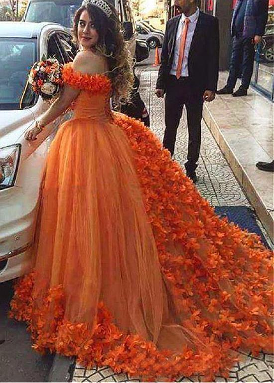 Chic A-line Off-the-Shoulder Orange Prom Dresses Tulle Long Prom .