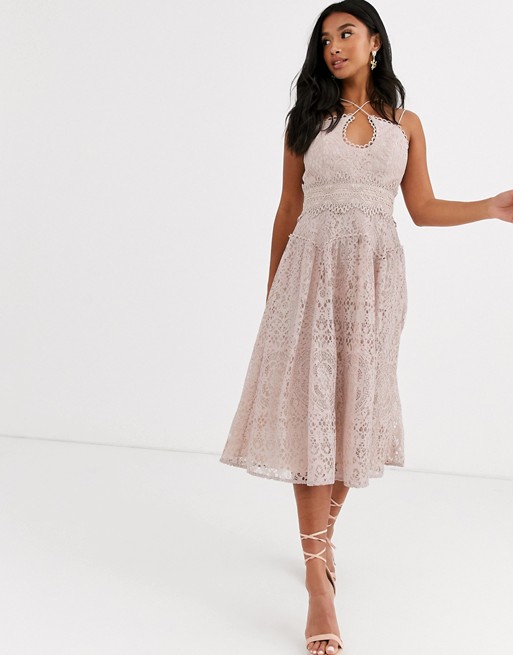 ASOS DESIGN Petite cami strap midi prom dress in lace with circle .