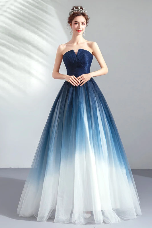 Strapless Ombre A Line Tulle Prom Dress Long Formal Dresses OKQ74 .