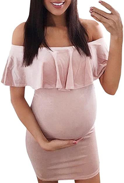 Amazon.com: Nmch Pregnancy Dress Off Shoulder,Women Ruffle Pink .