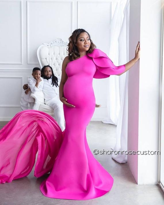 Fuchsia Pink Maternity Dress for Photo Shoot One Shoulder | Et