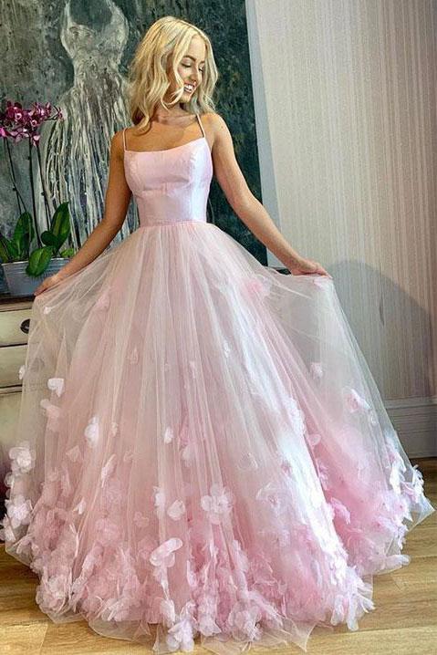 Light Pink Spaghetti Straps Long Prom Dresses, 3D Flowers Evening .