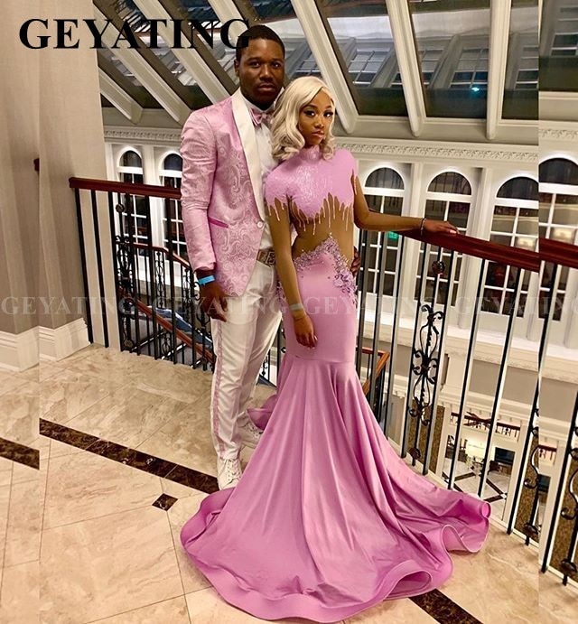 Black Girls Long Sleeve Mermaid Pink Prom Dresses 2020 High Neck .