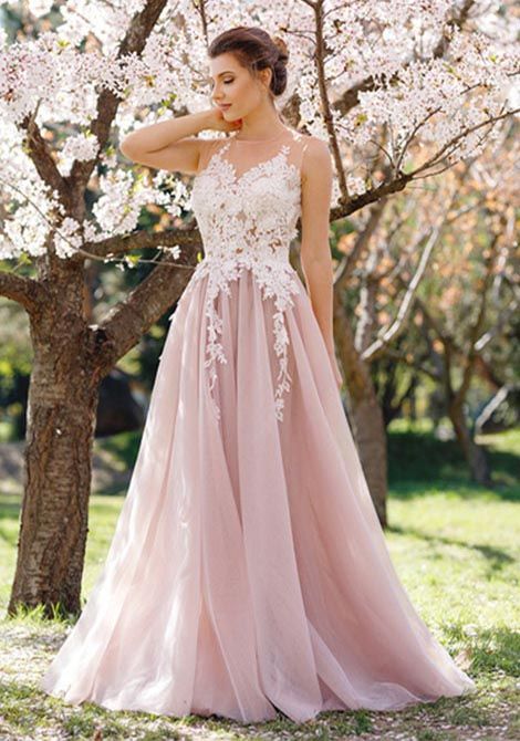Charming A-Line Round Neck Sleeveless Pink Tulle Long Prom Dress .