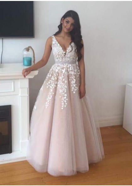 2020 Newly A-Line/Princess Tulle Pearl Pink Prom Dresses With .