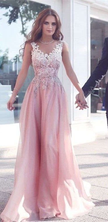 Pink prom dresses round neck lace long prom dress, pink bridesmaid .