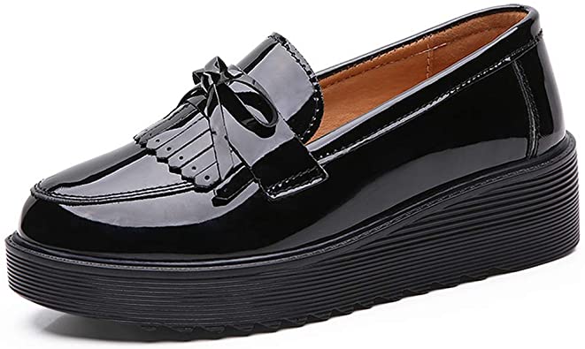 Amazon.com | Women Flat Shoes Black Patent Leather Slip On Fringe .
