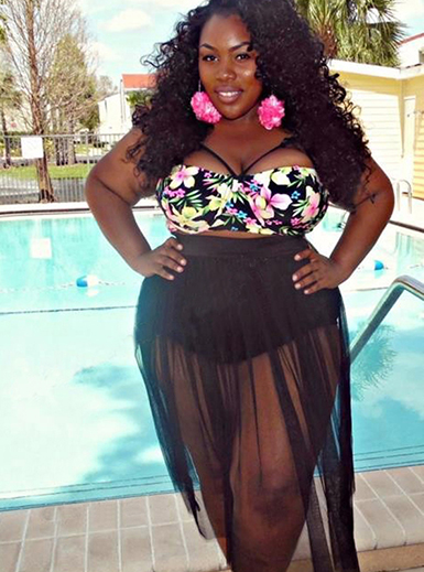 Plus Size Bathing Suit - Semi Sheer Long Skirt / Floral Top / Bla