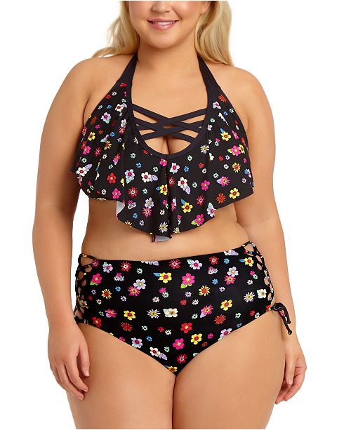 California Waves Trendy Plus Size Floral Flounce Bikini Top & High .