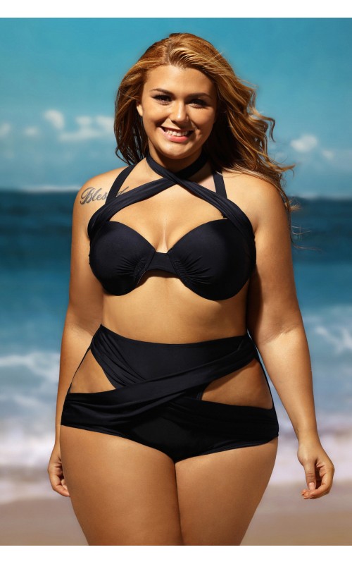 Black Solid Underwire High Waist Wrap Plus Size Beach Top Bikini .