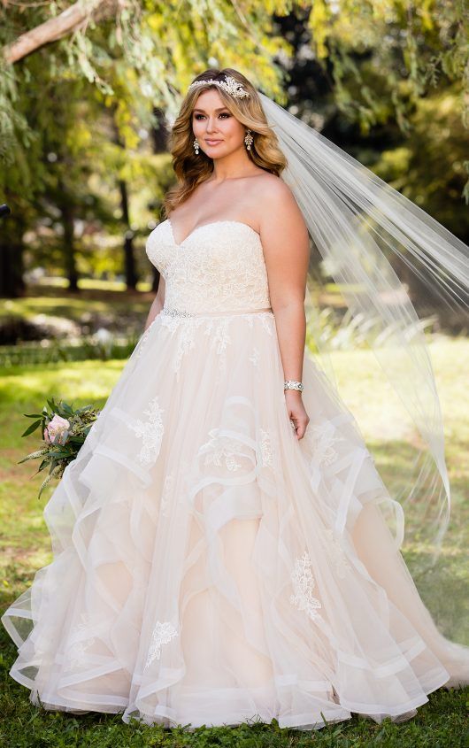 Pink Floral Lace Plus Size Wedding Dress with Textured Skirt .