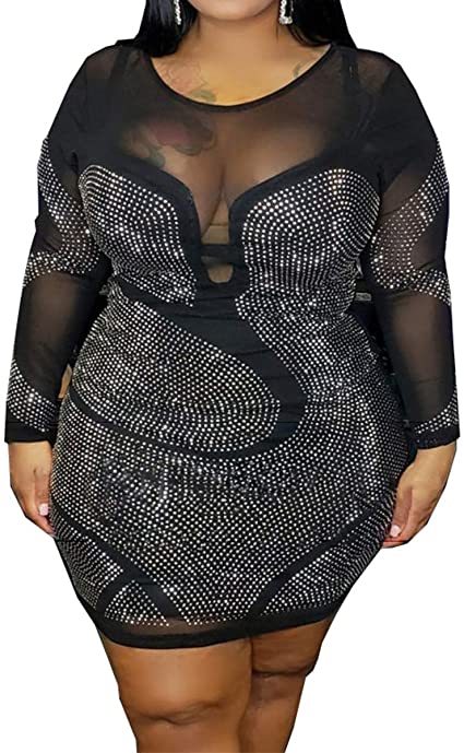 Amazon.com: IyMoo Womens Sexy Plus Size Long Sleeve Rhinestone .