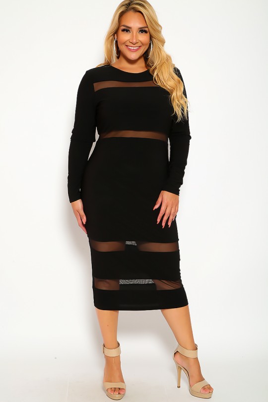 Sexy Black Mesh Detail Long Sleeve Midi Plus Size Party Dre