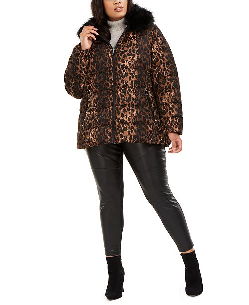 Tahari Plus Size Leopard-Print Faux-Fur Collar Puffer Coat & Revie